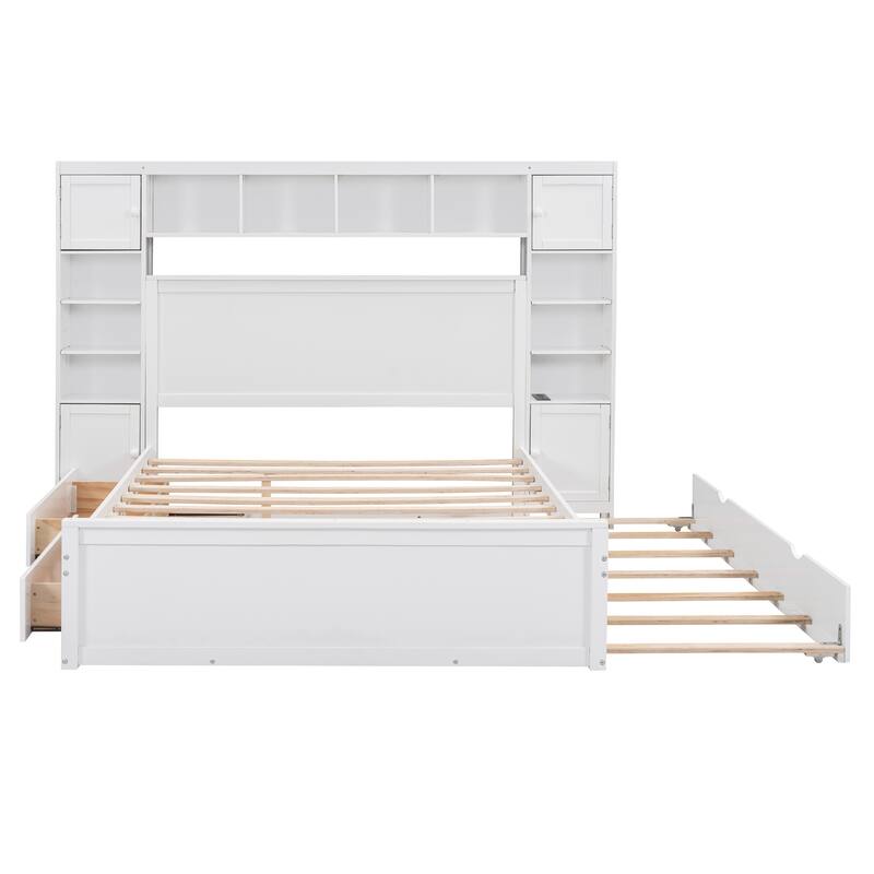 Queen Size Wooden Bed with Built-in Storage, Shelves, and Outlets, White