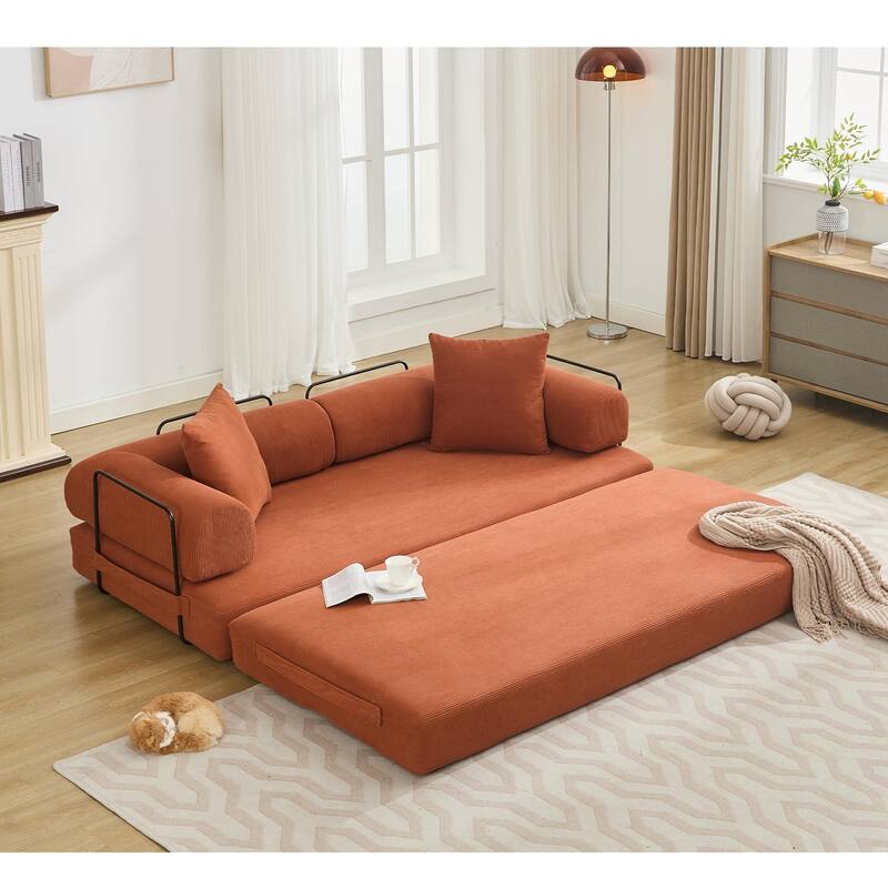 78.5" Folding Convertible Out Sleeper Sofa Bed, 3 Seat, Orange Corduroy