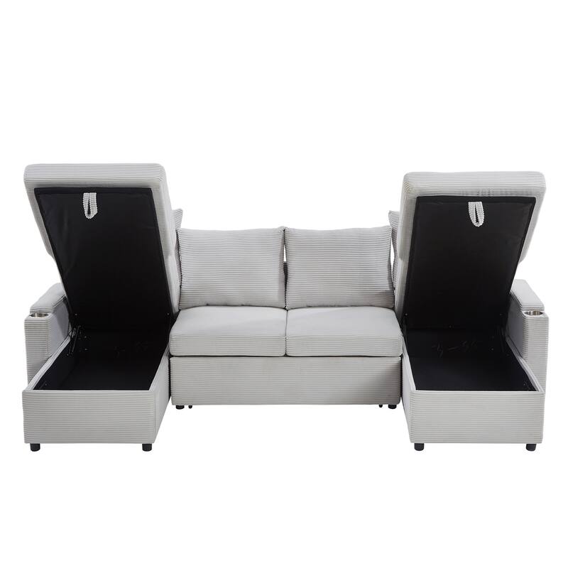 Roomfitters Convertible Sofa Bed 109.5" U-Shaped Sectional Upholstered Sofa with Storage Chaise, Cup Holders and USB Ports