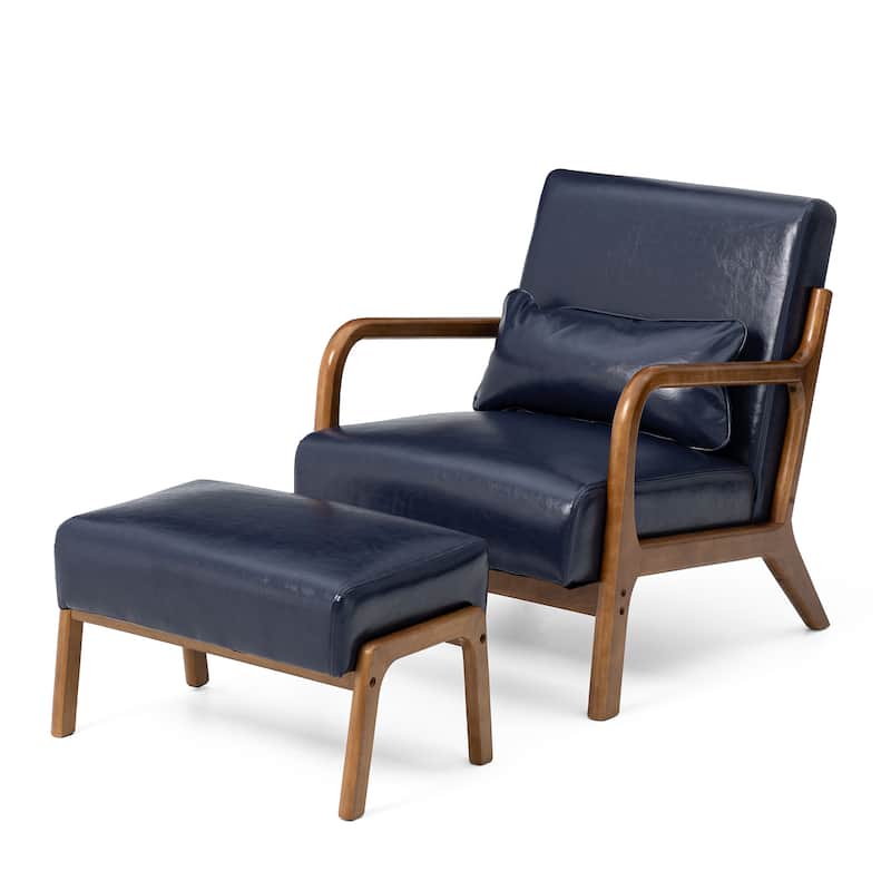 Glitzhome 30.75"H Mid-Century PU Leather Armchair with Ottoman Set