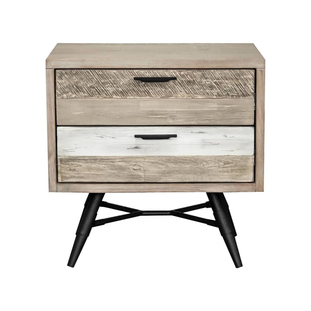 Modern 2 Drawer Nightstand - Acacia Wood Bedside Table with Metal Base
