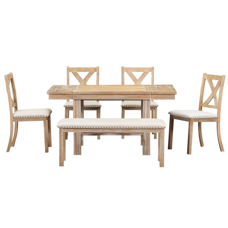 6-Piece Extendable Dining Table with Footrest, 4 Upholstered Dining Chairs and Bench, Kitchen Table and Chairs Set