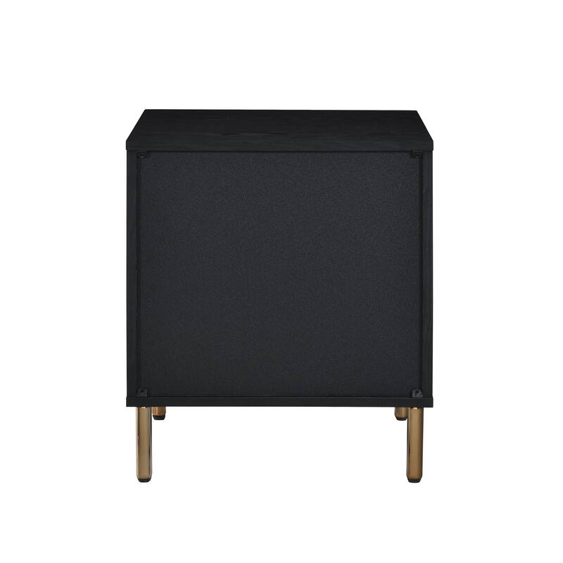 Black Nightstand with Faux Crocodile Print, Gold Metal Legs, and 3 Storage Drawers, 23" Tall, Hollywood Glam Style