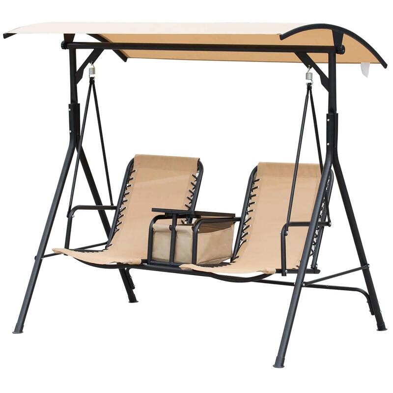 2-Seater Porch Swing with Pivot Table, Cup Holder, Adjustable Canopy