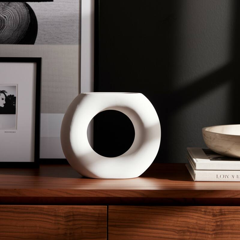 Modern Table Vase with Hollow Center Design - Ceramic Artful Vases for Home Decor - White