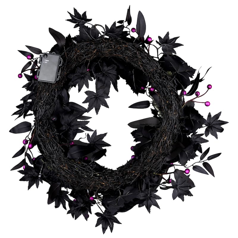 National Tree Company 24" Artificial Bad to the Bone Halloween Wreath, 30 Purple LED Lights, Battery Operated - 2 ft