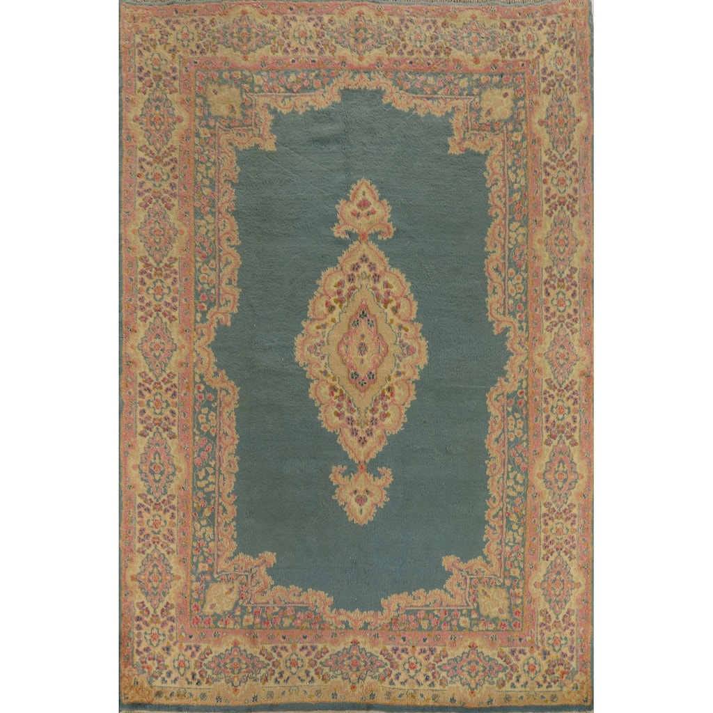 Hand Knotted Oriental 100% Wool Carpet Traditional Medallion Navy Blue & Blues Kerman Area Rug - 8' 9'' X 5' 10''