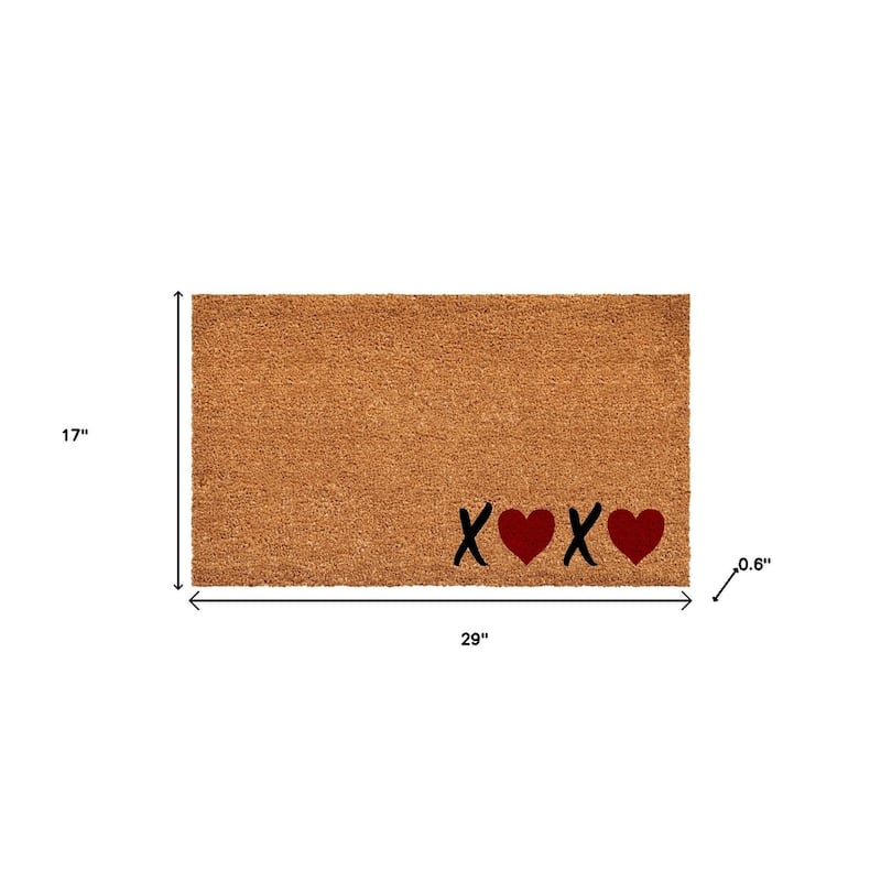 HomeRoots 17" X 29" Black Brown And Red Heart XOXO Outdoor Coir Door Mat - 17.00' X '29.00
