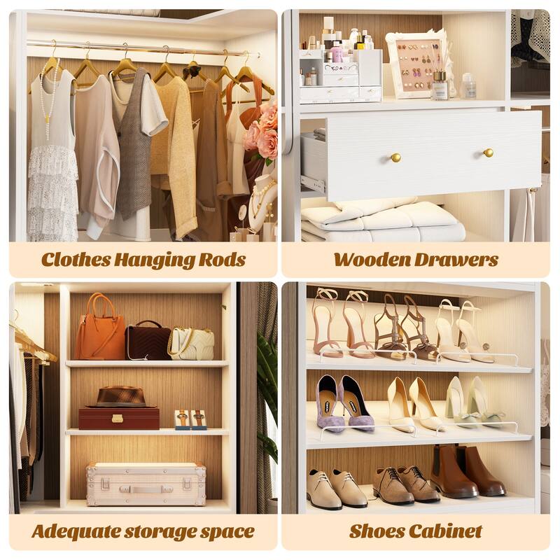 Zyntex Corner Closet System with 2 Wooden Drawers and 6 Hanging Rods, Freestanding Walk-in Closet Organizer with Storage Shelves
