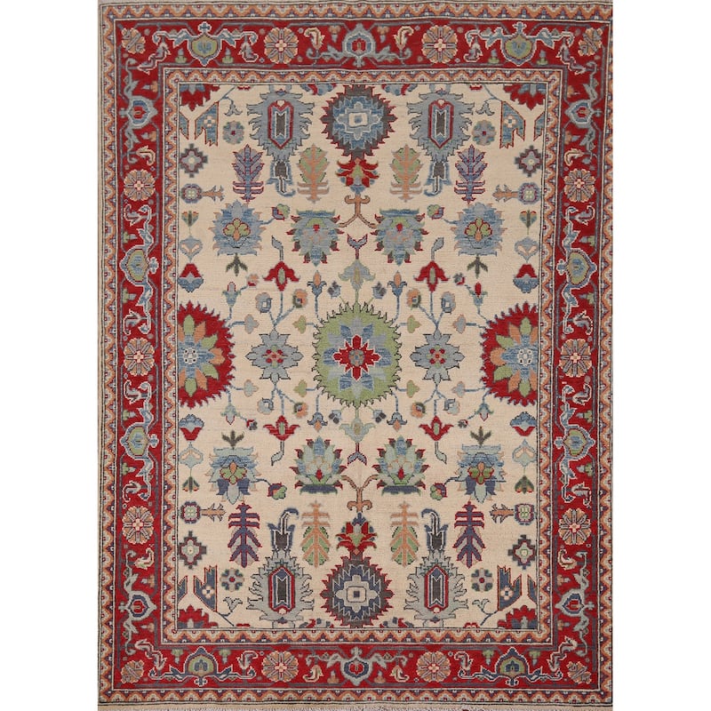 Geometric Kazak Area Rug Hand-Knotted Traditional Wool Carpet - 4'11" x 6'8"