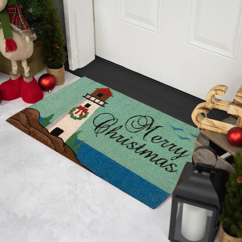 Natural Coir Merry Christmas Lighthouse Outdoor Doormat - 18" x 30"