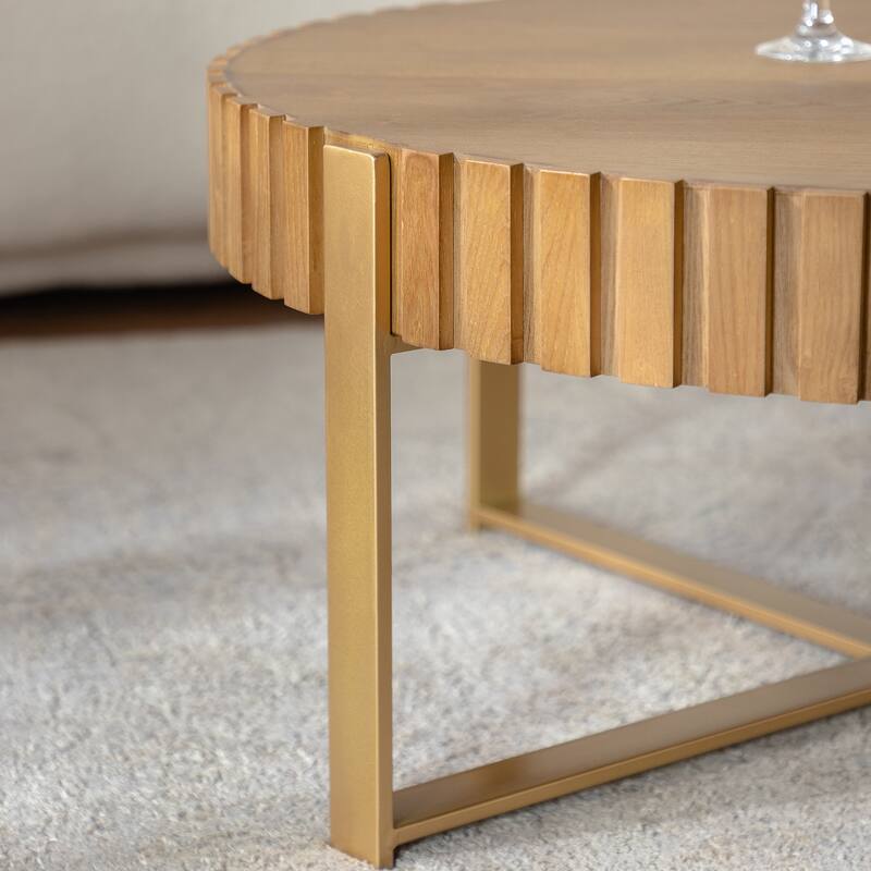 Modern Round 2 Tier Coffee Table Olive Shaped Coffee Table with 4 Metal Legs Handmade Relief and Base, for Living Room