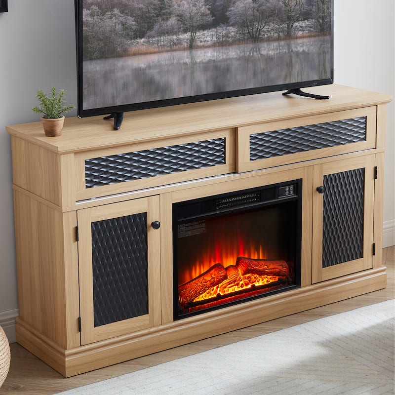 Embossed Pattern TV Stand for TVs Up to 65", Fireplace TV Stand with Storage Cabinet