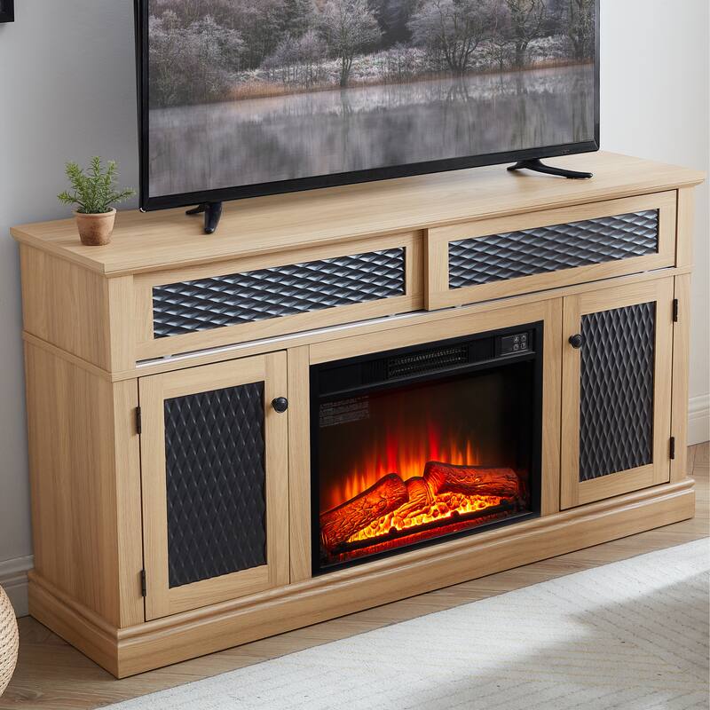 Modern Fireplace TV Stand with Sliding Door, Open and Closed Storage Space, for Living Rooms and Bedrooms, Light Oak