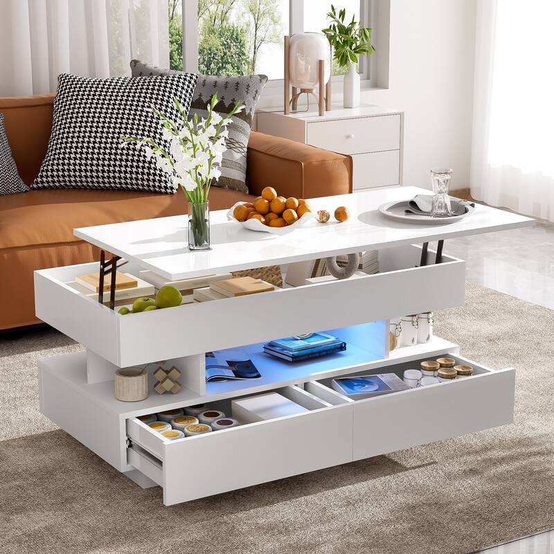 Lift-Top Coffee Table with 2 Drawers, Modern Center Table with Hidden Storage Compartment and LED Lights for Living Room - White
