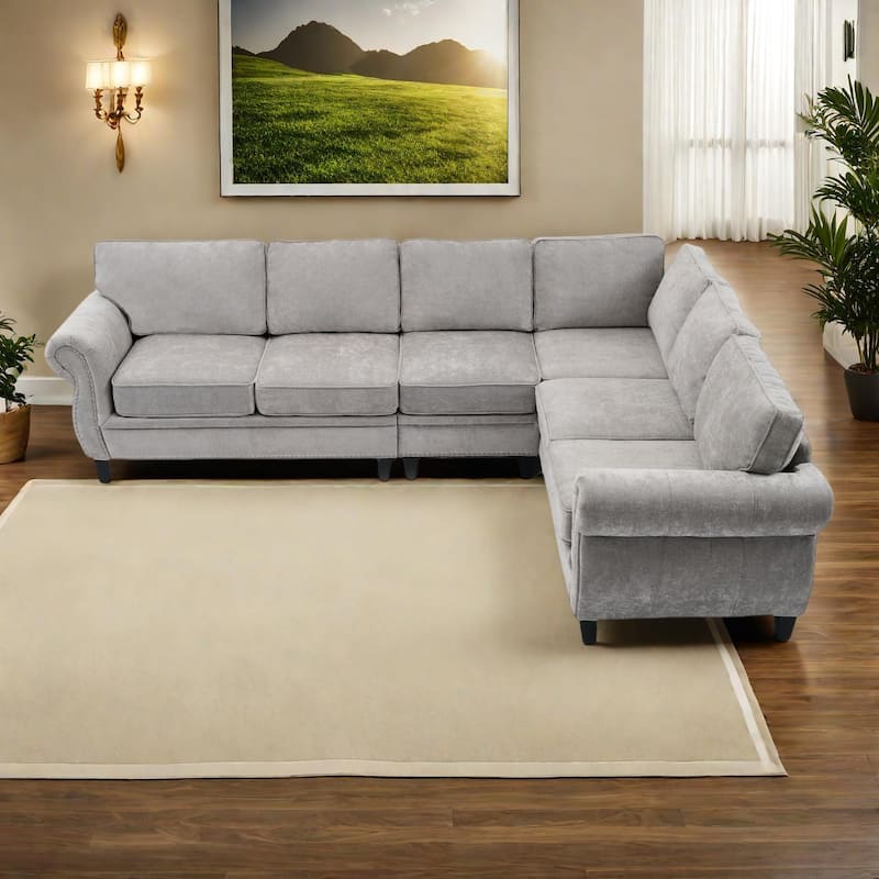109.5" Chenille 6-Seater L-Shaped Sectional Sofa with Rivets Decorated Rolled Armrests,Cushions, and Wood Frame - LightGray
