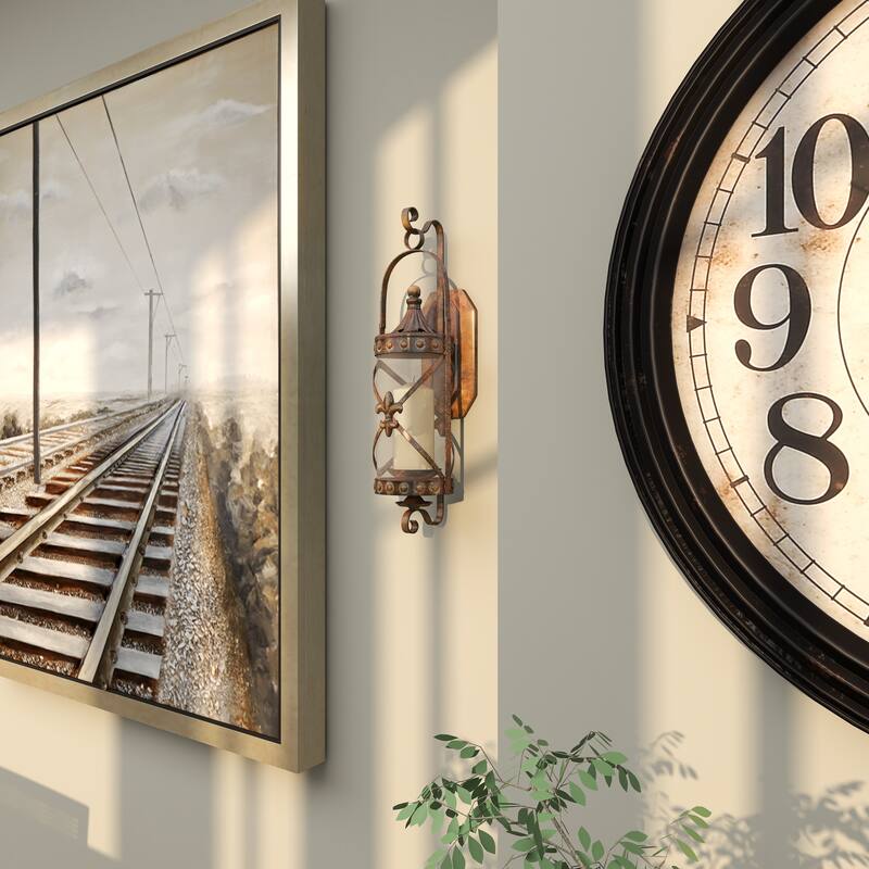 Bronze Metal Suspended Studded Fleur De Lis Wall Sconce with Scroll Details - 7 x 6 x 20