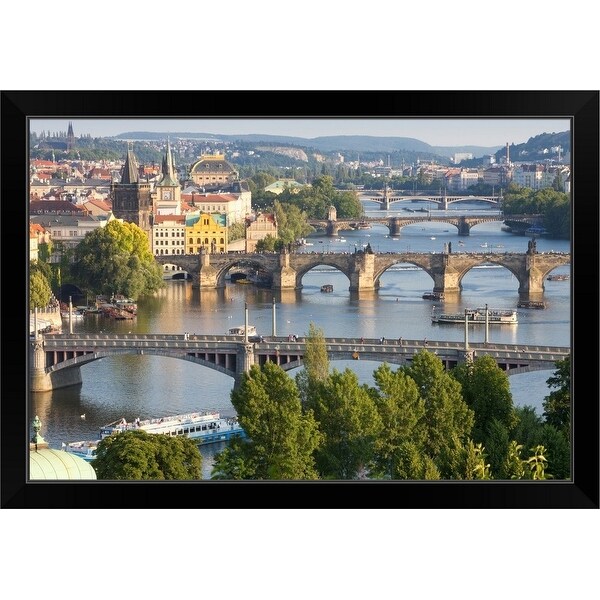 "Czech Republic, Prague, Bridges over Vltava River and Boat Traffic" Black Framed Print