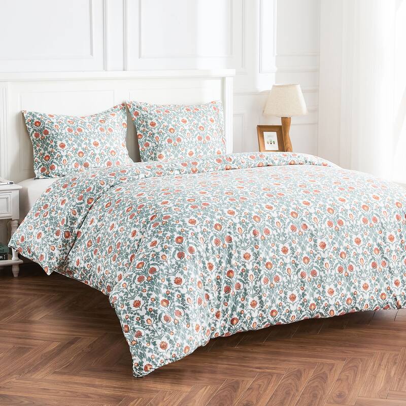 Printed Design Cotton Collection Orange Floral Crafted Duvet Set