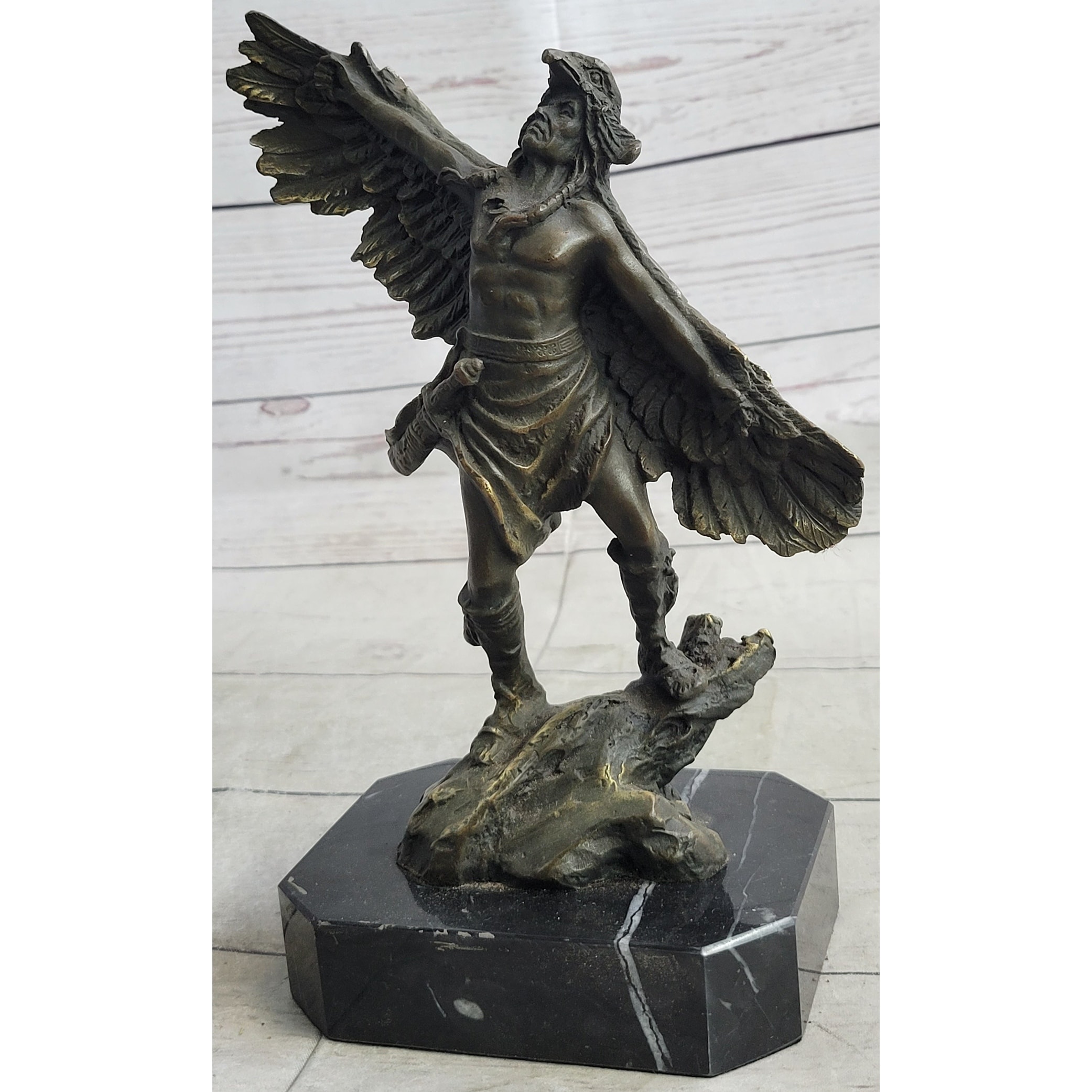 Native American Indian Eagle Dancer Shaman Medicine Man Bronze Sculpture Statue Marble Base