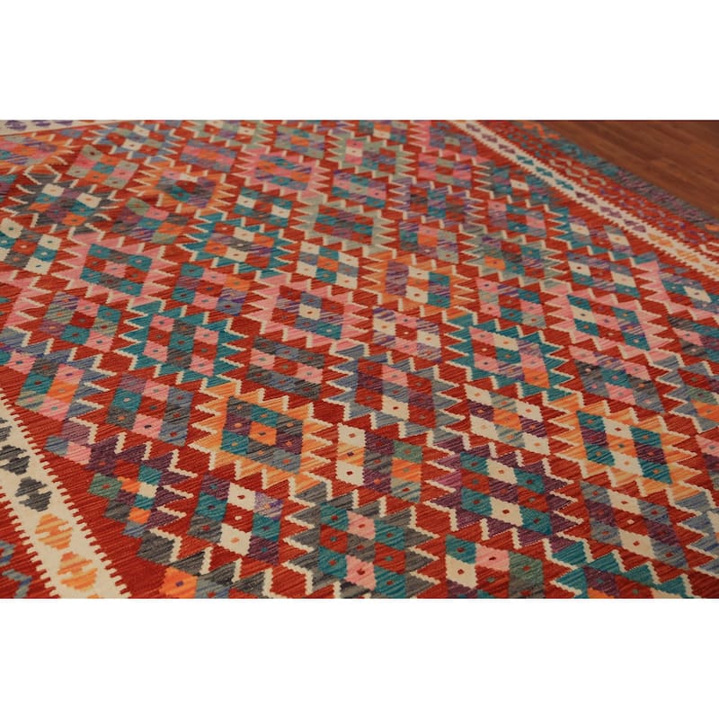 Geometric Orange Kilim Oriental Area Rug Handmade Wool Carpet - 8'5"x 11'4"