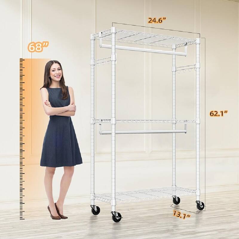 Heavy Duty Rolling Garment Rack with Wheels, 3-Tier Adjustable Wire Shelving, Clothes Rack with 2 Rods & Side Hooks