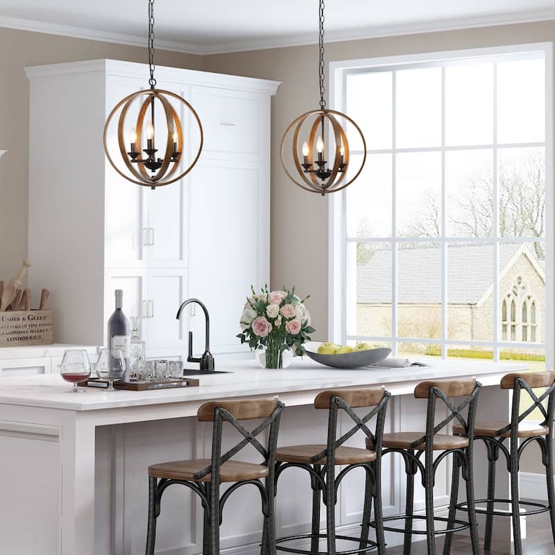 Carbon Loft Farmhouse 3-Light Wood Grain Chandelier Globe Pendant Lights - W 15.5 "x H 18 "