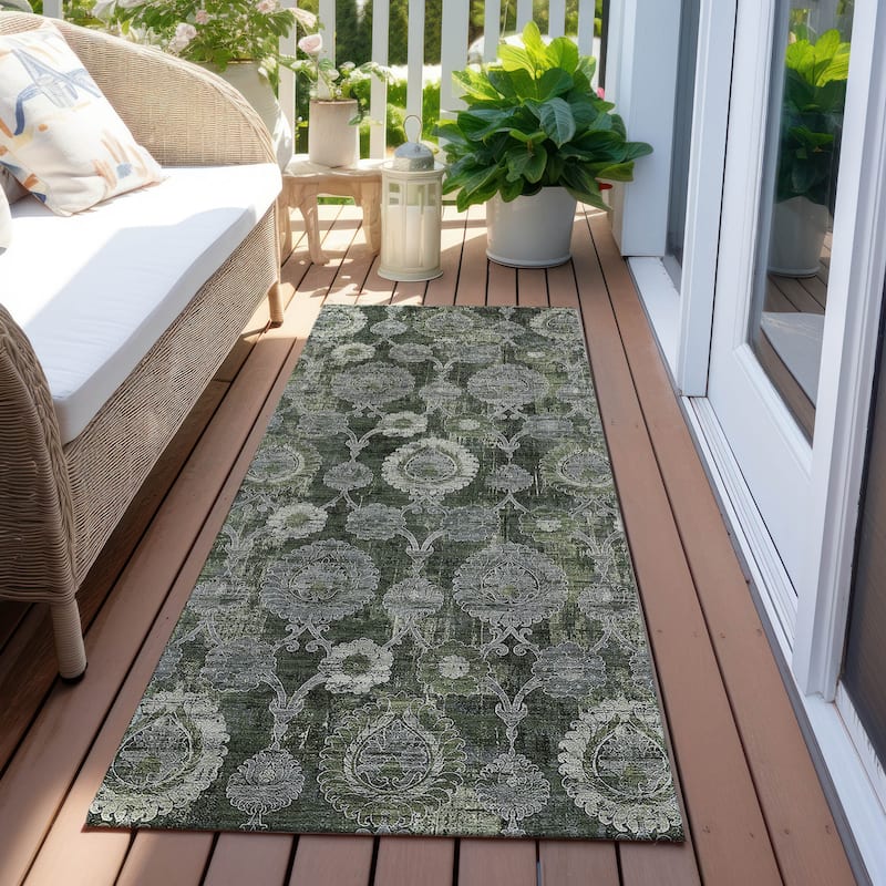 Machine Washable Indoor/ Outdoor Chantille Casual Floral Rug - Olive - 2'3" x 7'6"