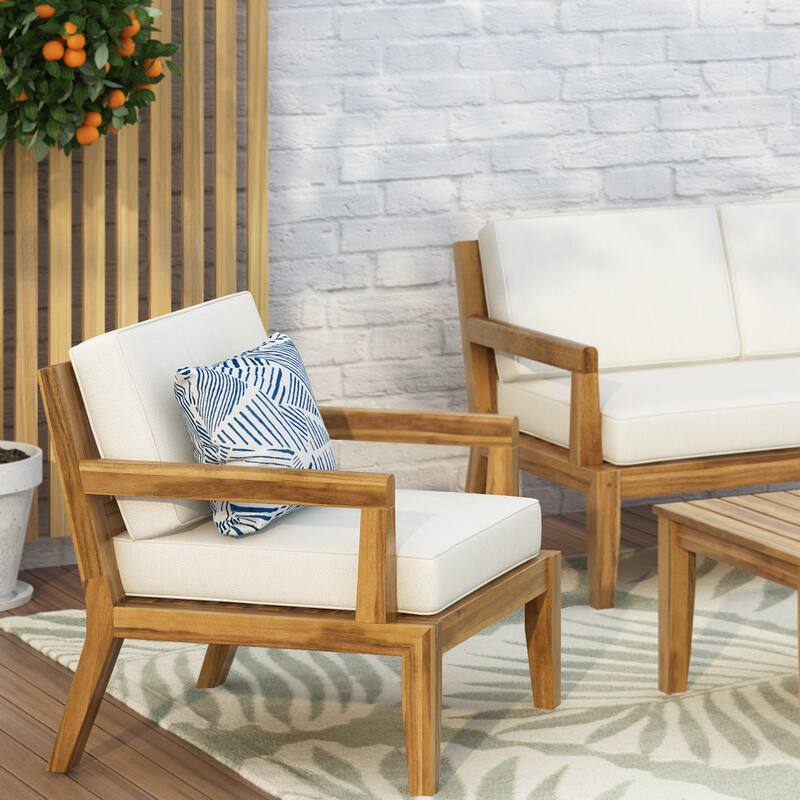 Outdoor Club Chairs with Cushions, 29'' H X 26.5'' W X 29'' D, acacia wood + Teak Finish + Beige