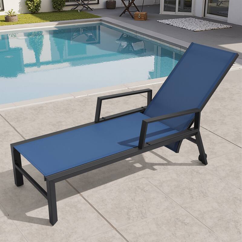 Outdoor Aluminum Adjustable Back Chaise Lounges with Wheels - Navy Blue - 1PC
