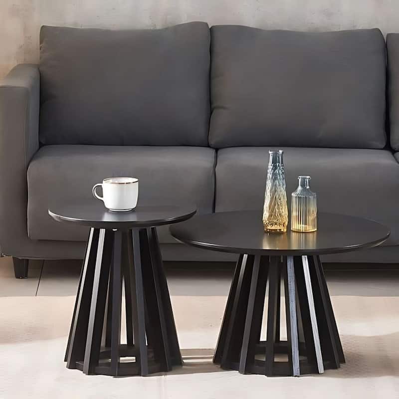 Black Mid-Century Round Nesting Side Coffee Table Set of 2 Modern Wood - 24x14 16x17 - 24x14  16x17 - Black - Wood