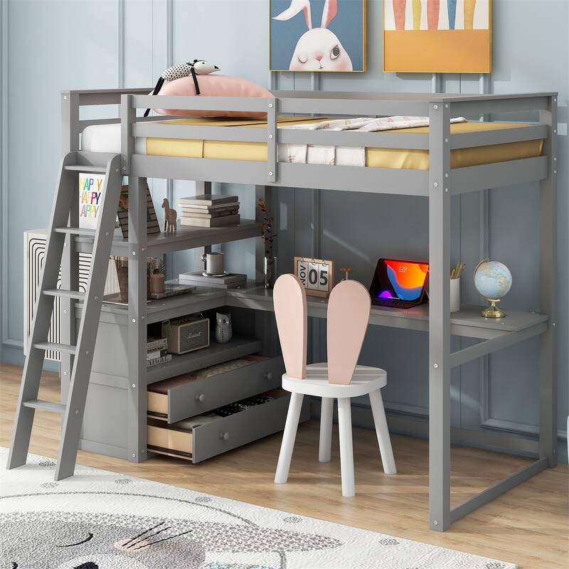 Merax Wood Loft Bed with Desk, Shelves and Drawers