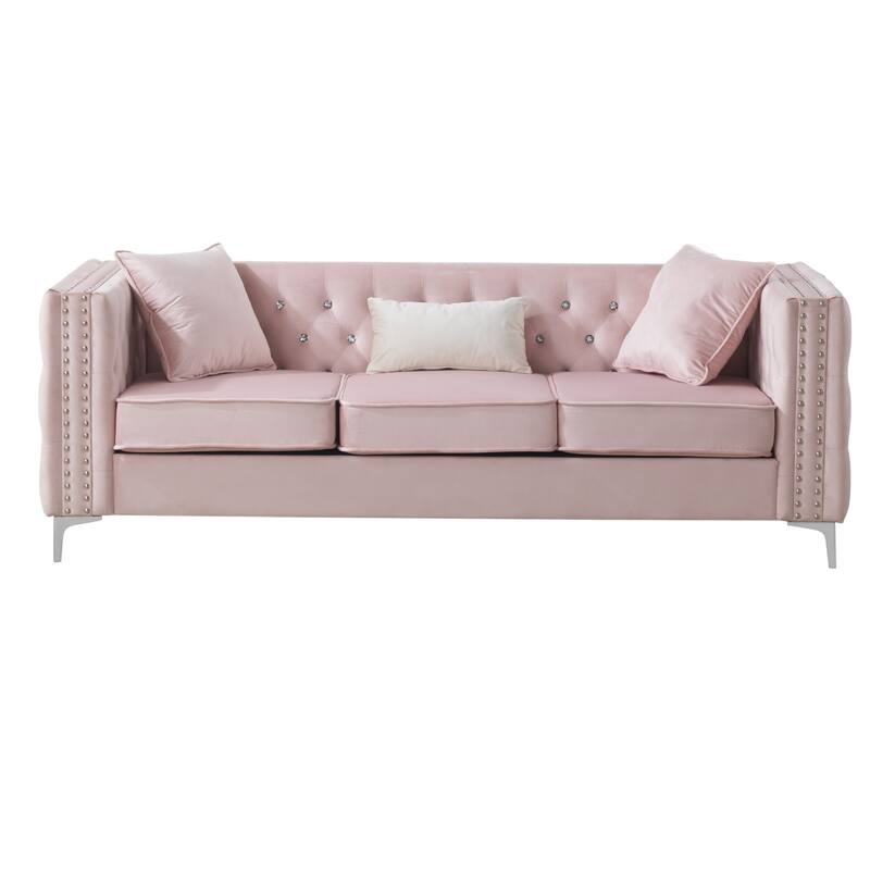 Button Tufted 3-Seater Velvet Sofa with Throw Pillows - 86" - Pink