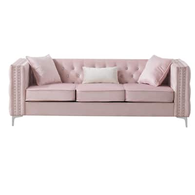 Button Tufted 3-Seater Velvet Sofa with Throw Pillows - 86" - Pink