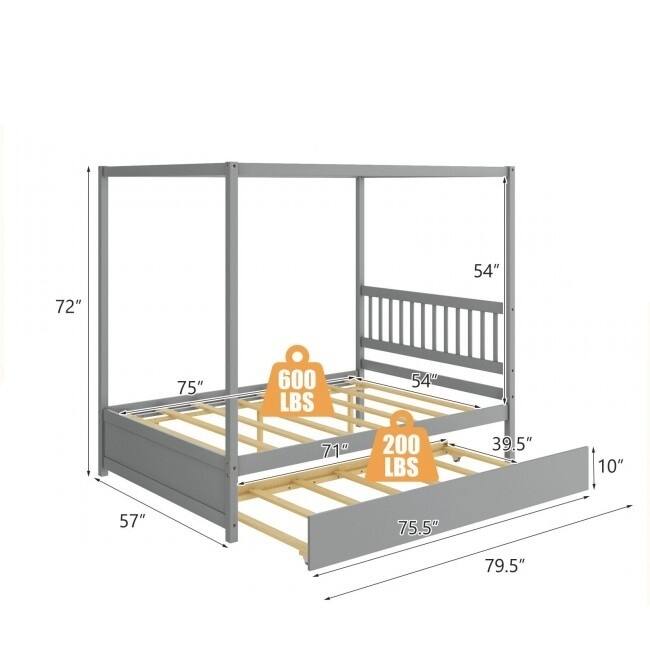 Full Size Canopy Platform Bed with Twin Roller Trundle Bed