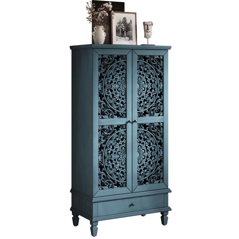 GDF Studio - Maribelle Rustic 55" Tall Storage Cabinet with Drawer, Decorative 2-Door Carved Wood Accent Cabinet