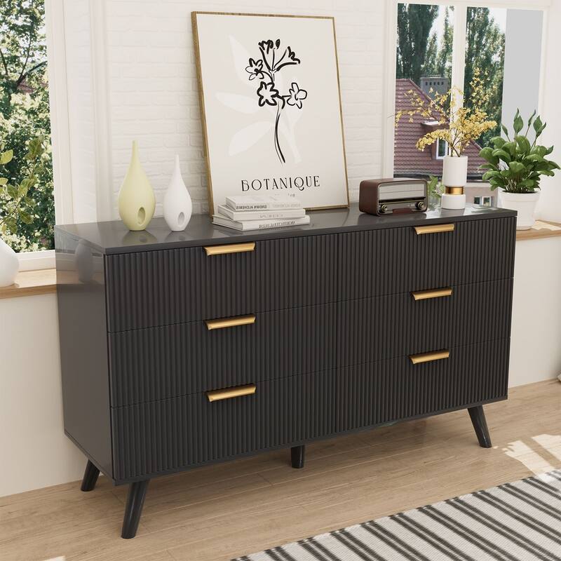 Gymojoy Fluted 6 Drawer Dresser with Gold Metal Handles, Modern Chest of Drawers for Living Room, Bedroom, Apartment