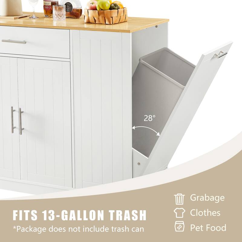 Anmytek 53 Inch Modern Farmhouse Kitchen Storage Island with Drawers Trash Can Storage White