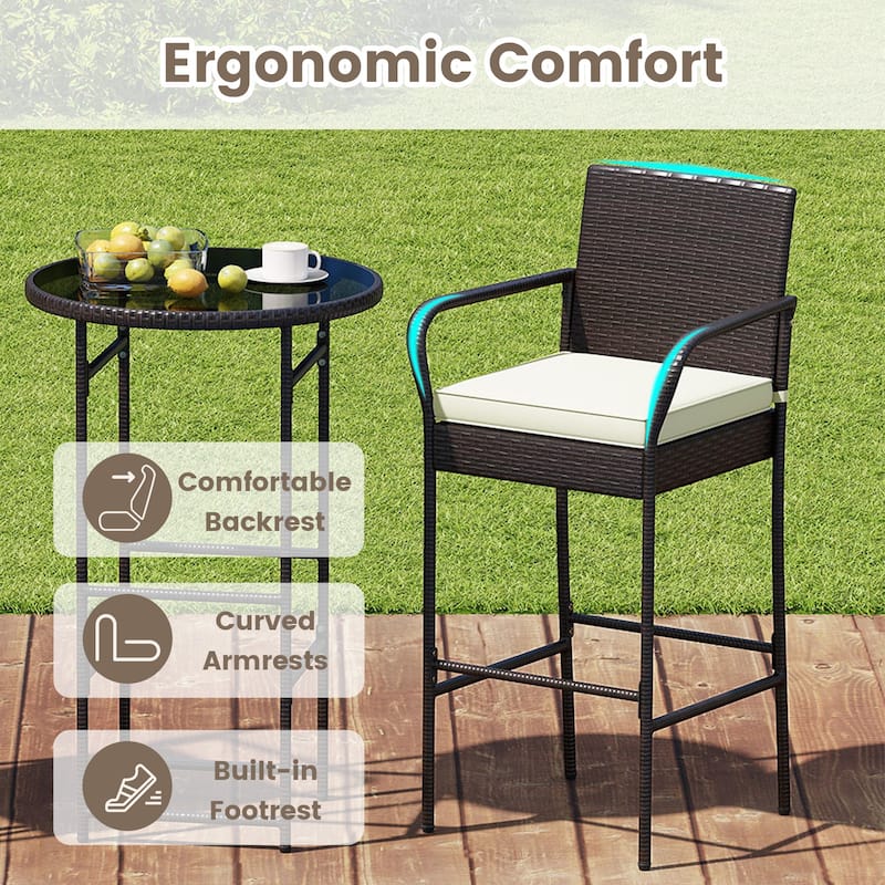 Outdoor Patio Bar Set 2 Barstools 1 Table PE Wicker Metal Frame Cushioned Backyard Furniture - 17.5" W x 21" D x 46" H