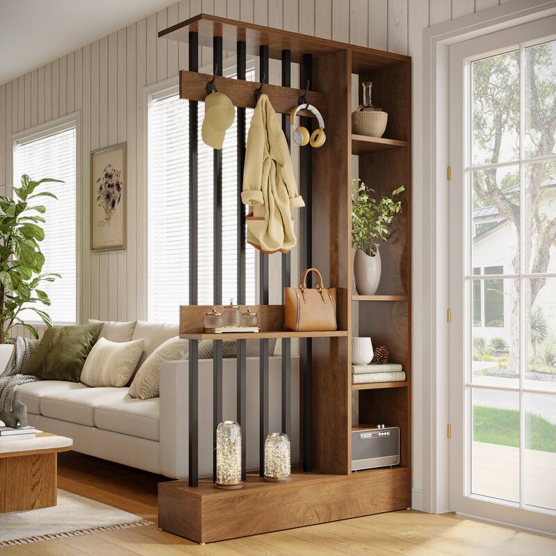 71" Wall Room Divider with Shelves & Coat Hooks