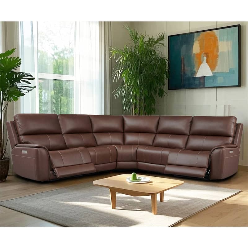123''W Genuine Leather Power Double Width Sectional Sofa with Zero Gravity, Adjustable Headrest and USB&Type-C Ports - Dark Brown