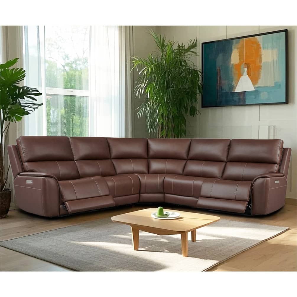 5PCS, 2 power Recliners, Double Width Genuine Leather Reclining Sectional with Zero Gravity and USB&Type-C Ports