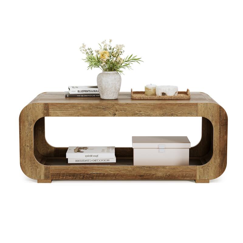 47" Rustic Curved Wood Coffee Table with Open Shelf, 2-Tier Rectangular Center Table for Living Room