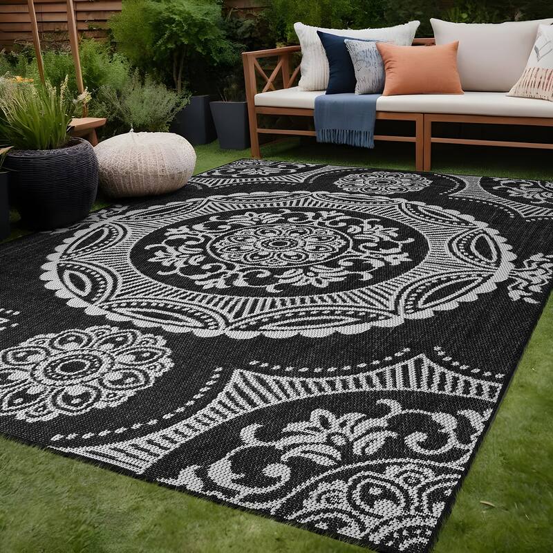 Beverly Rug Blue Medallion Indoor Outdoor Rug, Outside Carpet for Patio, Deck, Porch