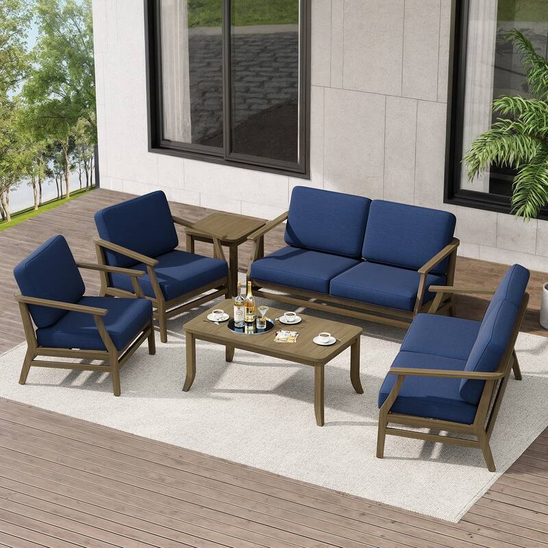 Teak Outdoor Patio Conversation Set with Cushions and Tables (6-Piece)