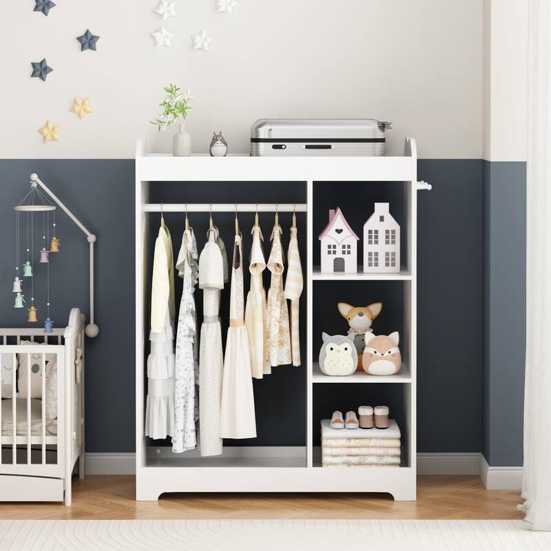 Kids Dress Up Storage with Mirror and Hooks, Wooden Clothes Rack with Hanging Rod, 3 Side Hooks, Storage Shelves and Top Shelf