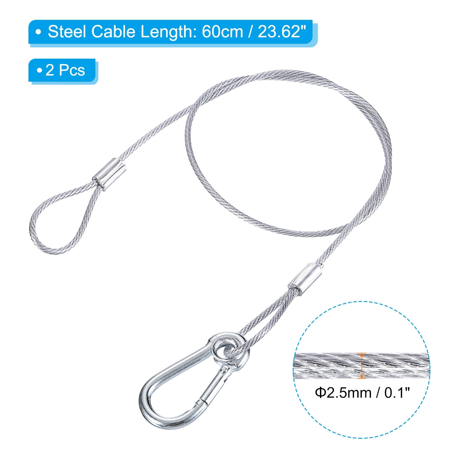 Stainless Steel Safety Cable Flexible Security Wire Rope Lock Double Loops with Hook for Stage Lighting Luggage,