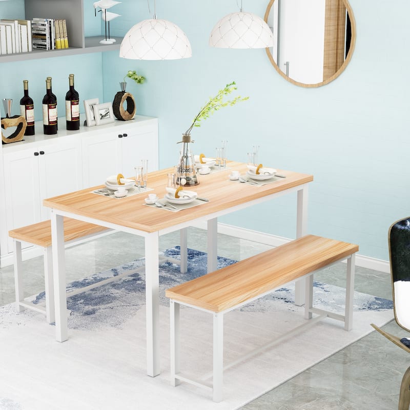 Dining Table Set with Two Benches, Kitchen Table Set for 4 Persons - Beige