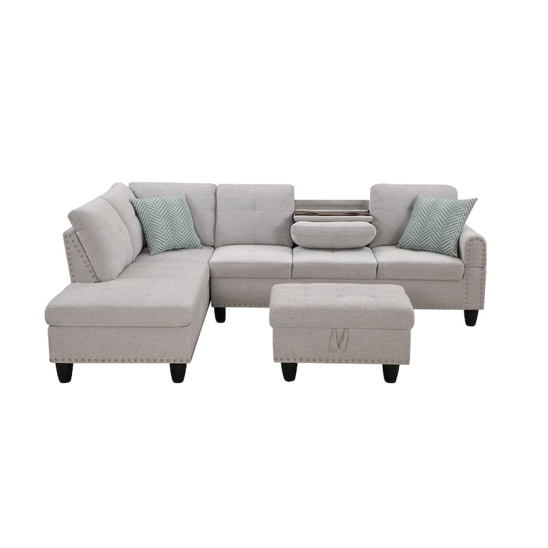 4-piece Modular Sectional Sofa with Storage Ottoman and Pillows - Light Grey