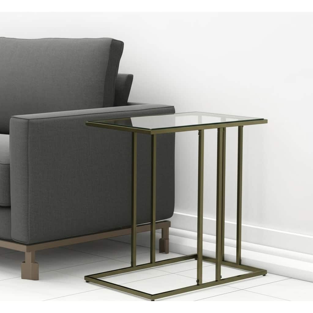 HomeRoots 26" Clear and Antiqued Gold Glass and Iron Frame End Table - 12.75 in. x 26 in. x 23.5 in.